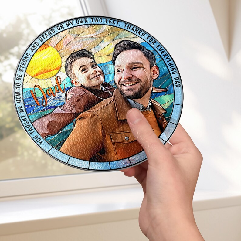 Personalized Grandpa Dad Portrait Photo Stained Glass Suncatcher Window Hanging