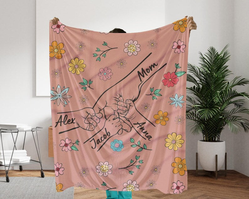 Personalized Mom Hands Holding Blanket With Kids Names