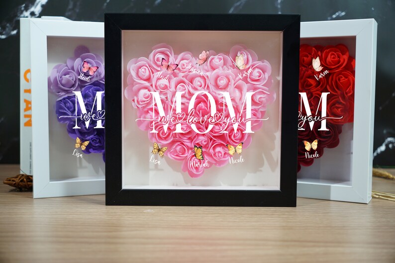 Personalized Flower Heart Shadow Box With Names For Mom