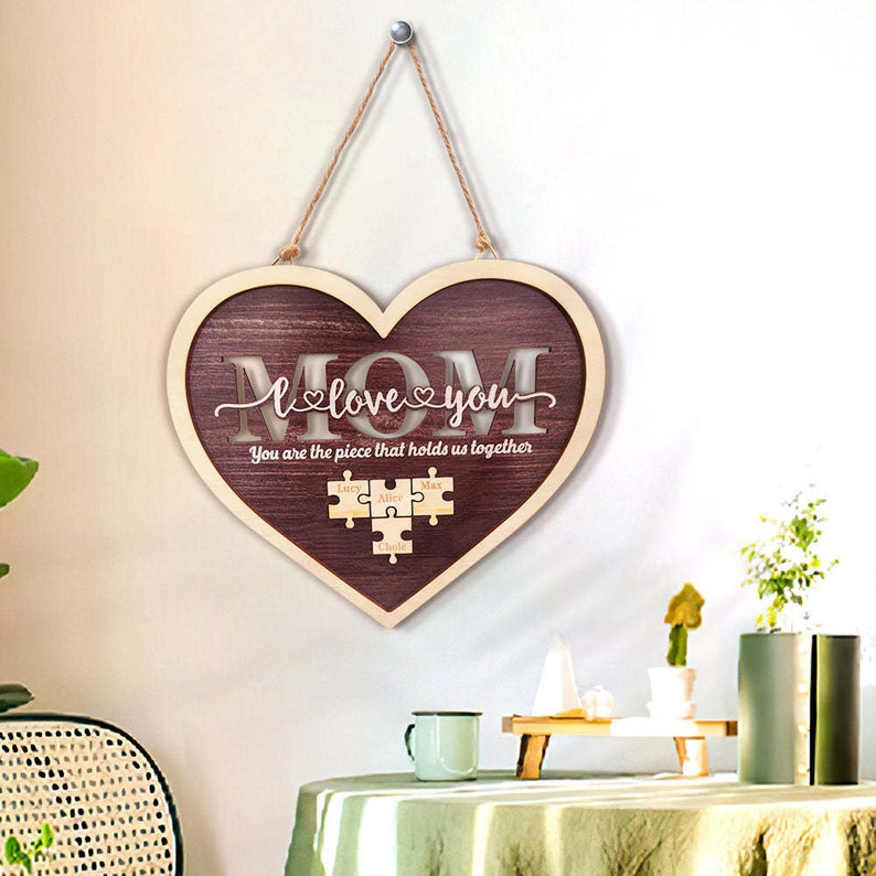 Custom Mom Heart Puzzle Plaque, You Are The One Who Brings Us Together Mother's Day Gift Wall Art