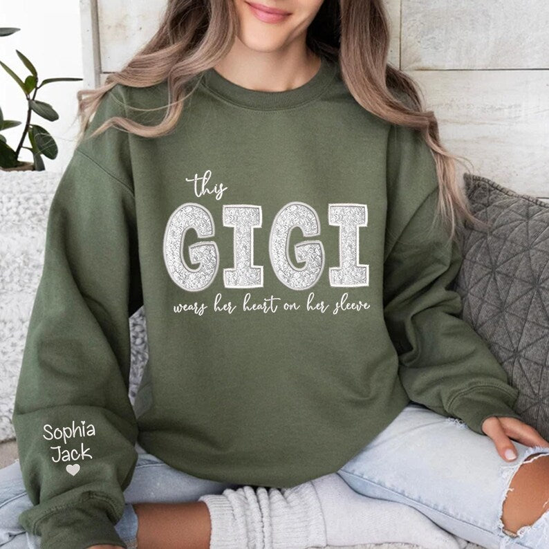 Custom Mom Wears Her Heart on Her Sleeves Glitter  Embroidered Sweatshirt