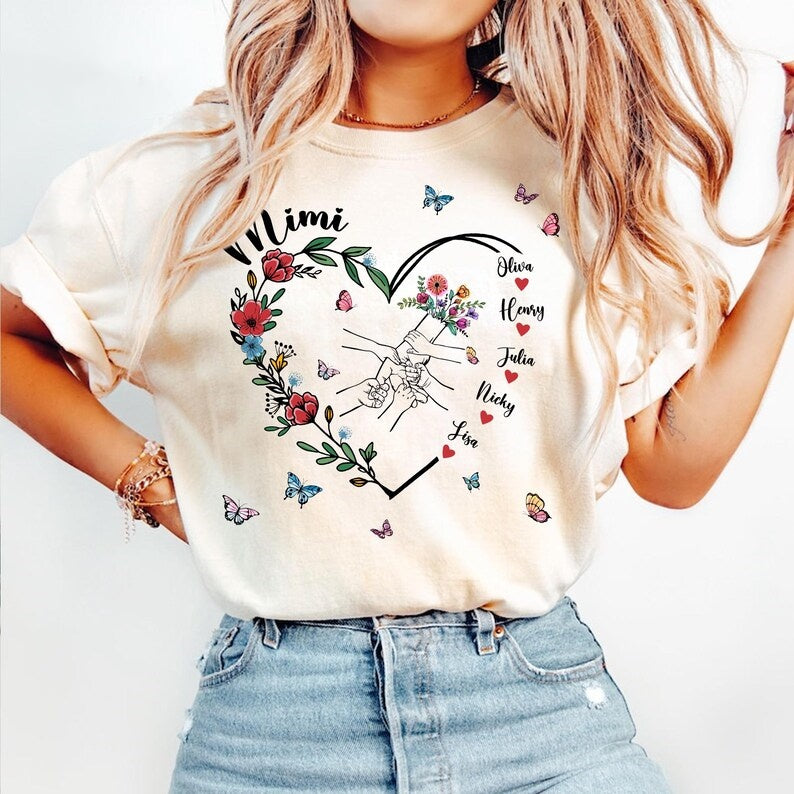 Custom Holding Kid Hands Floral Mom Heart Shirt Mothers Day Gift