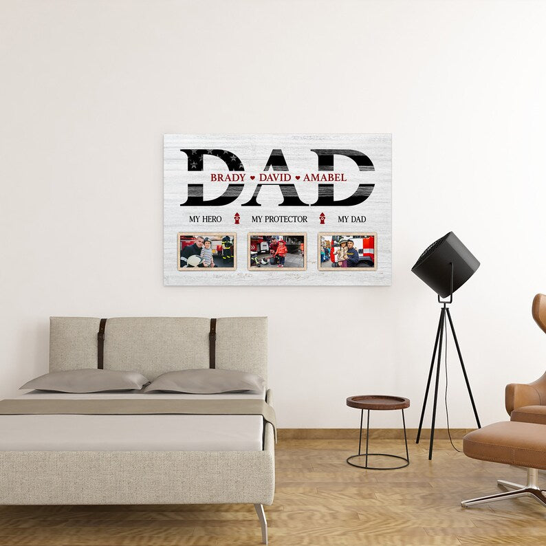 Custom Gift For Firefighter Dad, Personalized My Hero My Protector Canvas, Fireman's Lover Gift