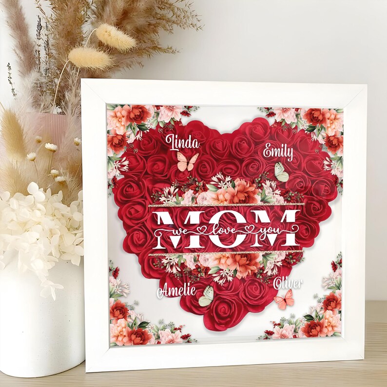Custom Kids Name And Mom Rose Shadow Box, Mother's Day Gift
