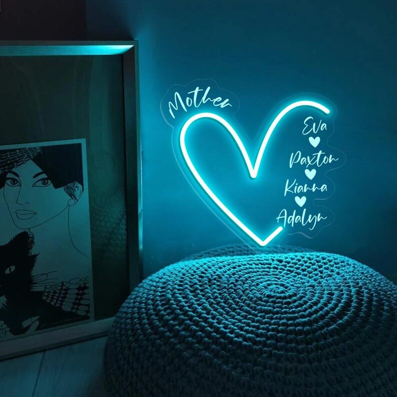 Custom Mama With Kids Names Heart Neon