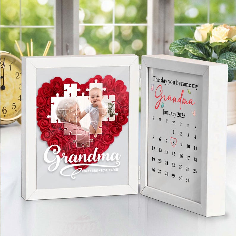 Personalized Photo And The Day You Become My Grandma Flowers Shadow Box Frame