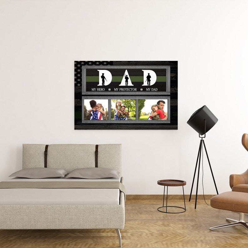 Personalized Photo Canvas Gift For Veteran Dad, Custom Green Thin Line Canvas,Gift From Kid