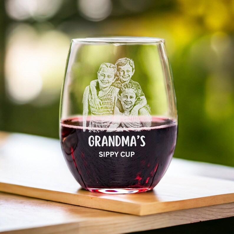 Custom Grandparent Gifts - Engraved Grandkids Photo On Whiskey Glass And Wine Glass