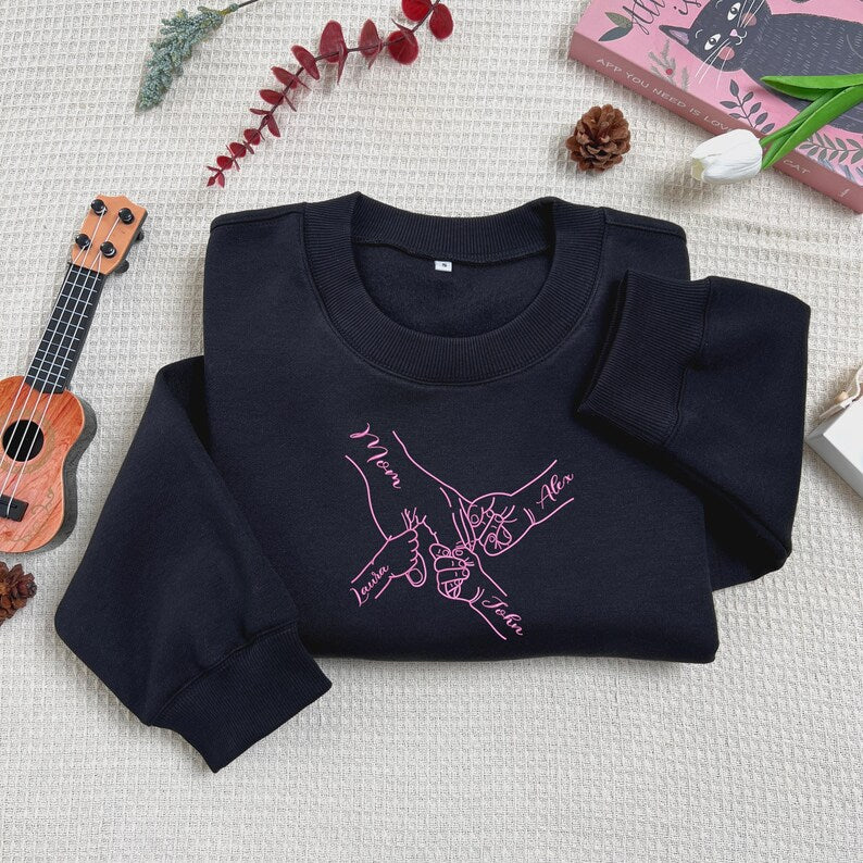 Custom Embroidered Sweatshirt With Mom's Hand And Child's Name For Mother's Day Gift