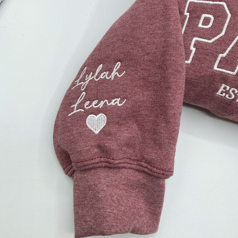 Custom Embroidered Papa Hoodie with Kids Names on Sleeve,Father's Day Gift