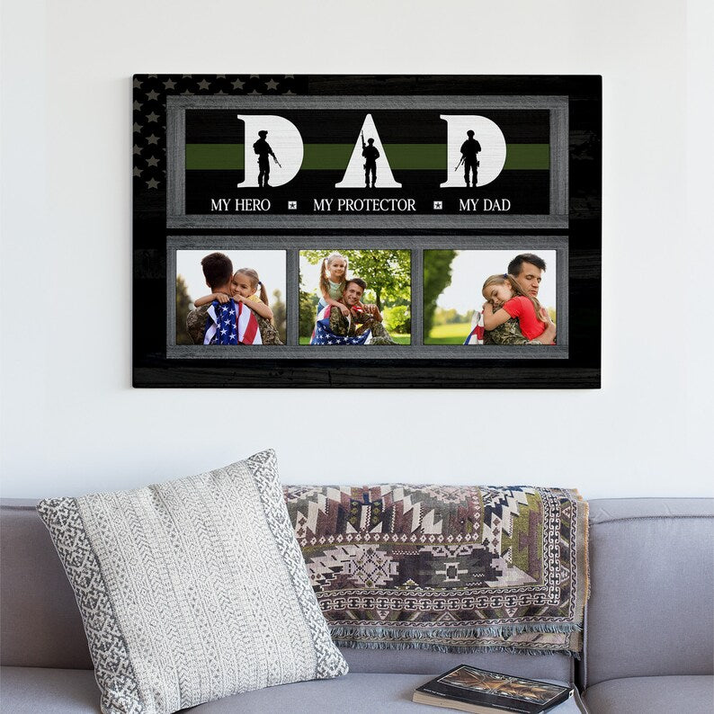 Personalized Photo Canvas Gift For Veteran Dad, Custom Green Thin Line Canvas,Gift From Kid