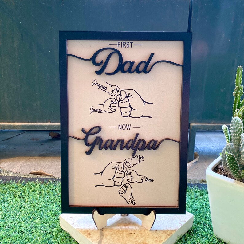 Custom First Dad Now Grandpa Wood Plaque, Dad And Kids Fist Bump With Name Wood Sign Father's Day Gift