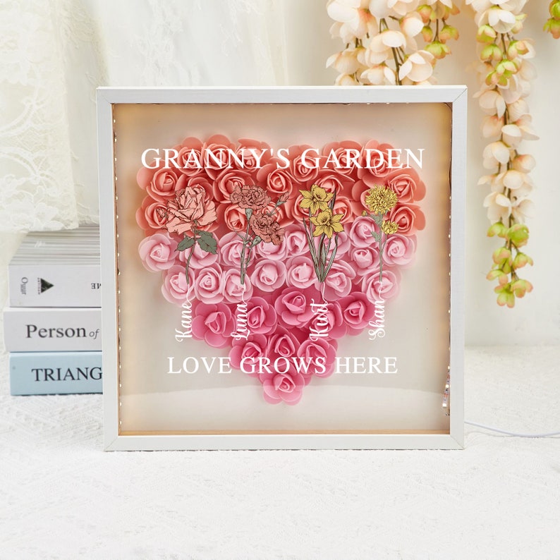 Personalized Mom Flower LED Light Shadow Box Handcrafted Mom's Present