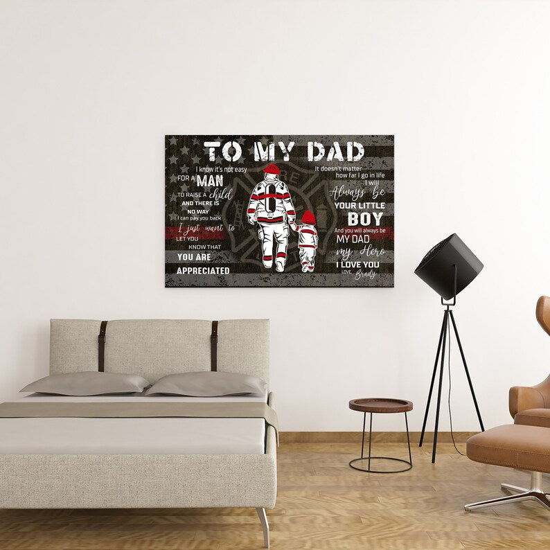 Personalized Canvas Gift Firefighter Dad, Custom To My Dad Canvas, Gift For Dad