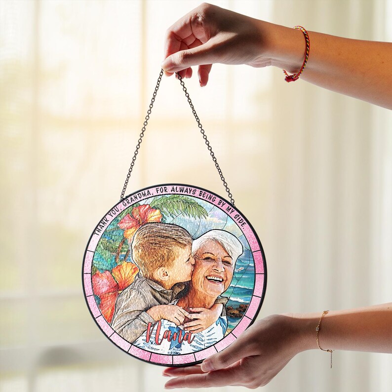 Personalized Grandpa Dad Portrait Photo Stained Glass Suncatcher Window Hanging