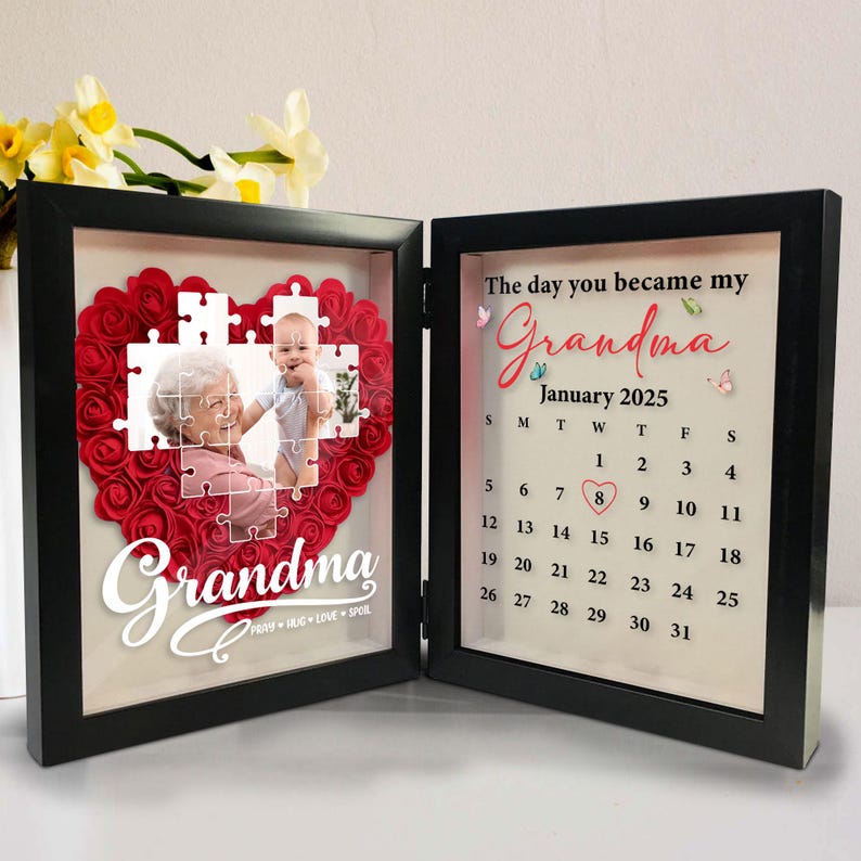Personalized Photo And The Day You Become My Grandma Flowers Shadow Box Frame