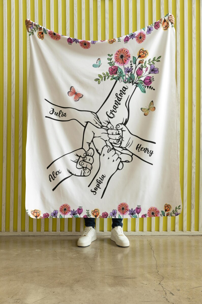 Customized Holding Child's Hand Grandma Blanket Gift Nana Wildflower Gift