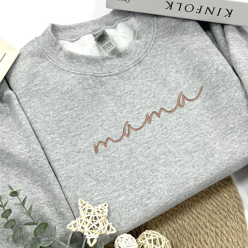 Embroidered Custom Mama Sweatshirt with Mama Birth Flowers & Names on Sleeve