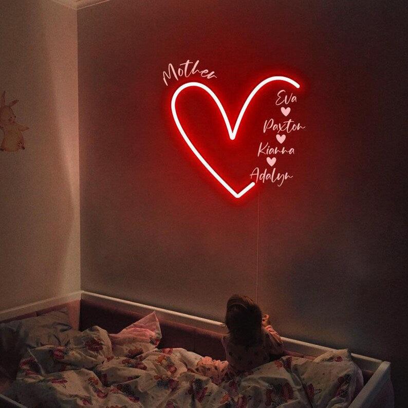 Custom Mama With Kids Names Heart Neon