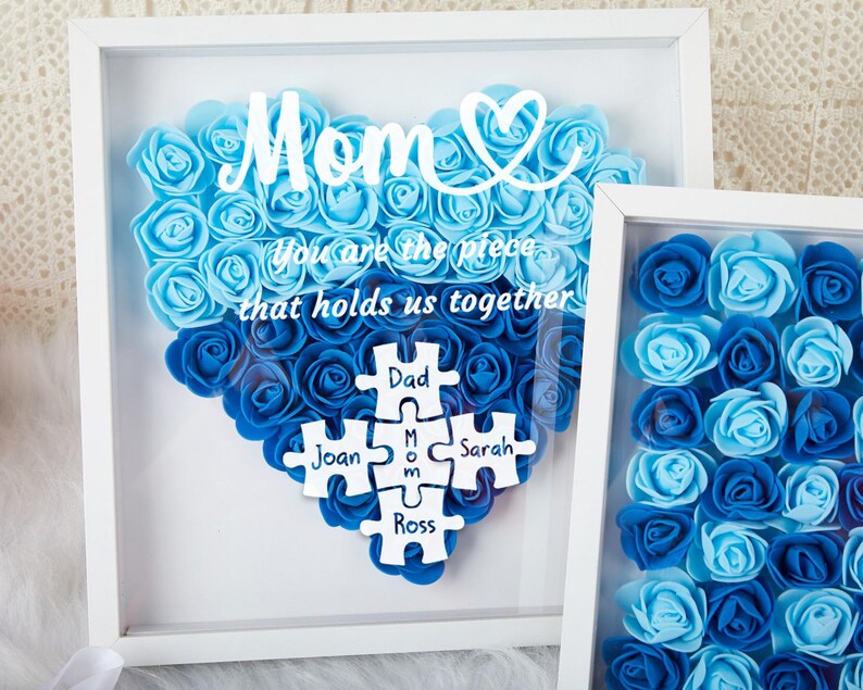 Custom Mom Puzzle With Kids Names Heart Flower Shadow Box