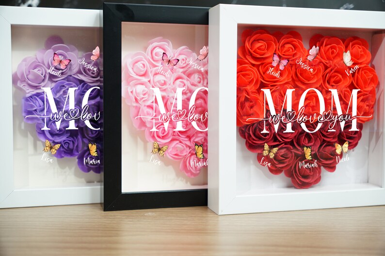 Personalized Flower Heart Shadow Box With Names For Mom