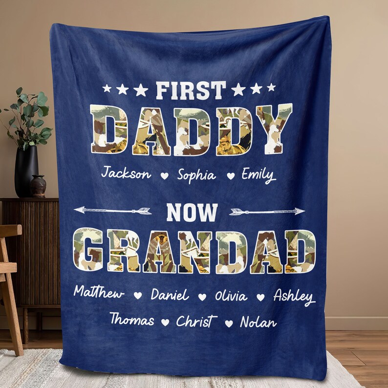 Custom First Dad Now Grandpa Soft Cozy Sherpa Fleece Throw Blankets, Father's Day Gift For Dad