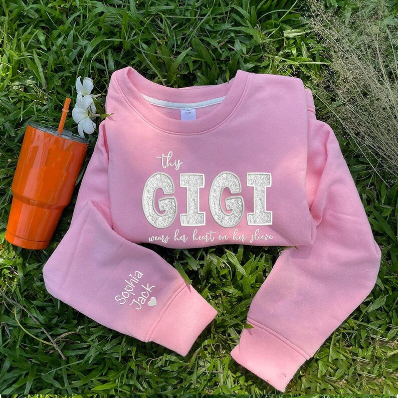 Custom Mom Wears Her Heart on Her Sleeves Glitter  Embroidered Sweatshirt