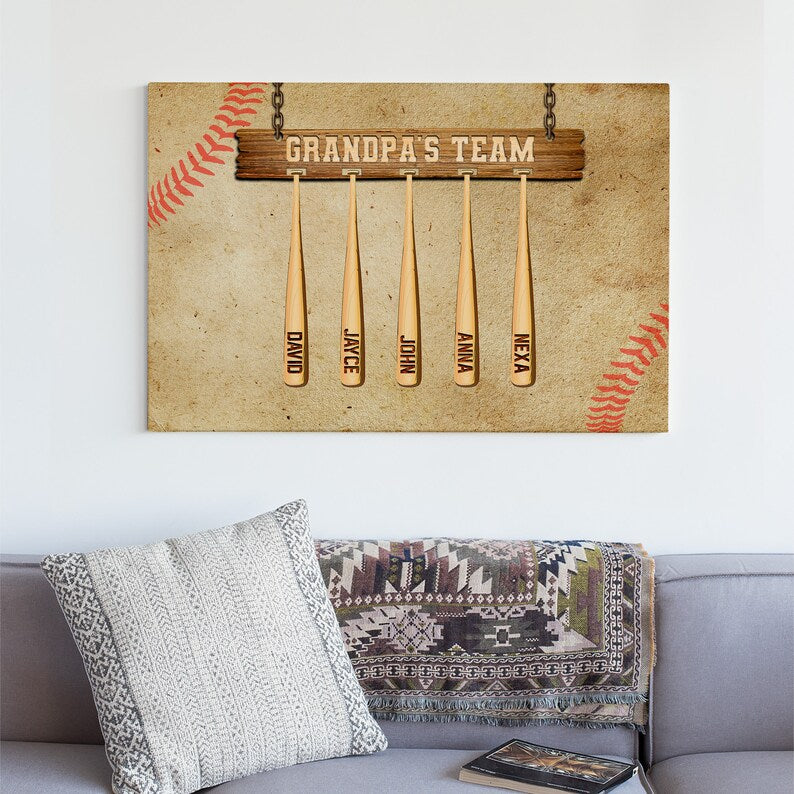Personalized Gift Ideas For Grandpa, Custom Baseball Canvas, Grandpa's Team Art Print