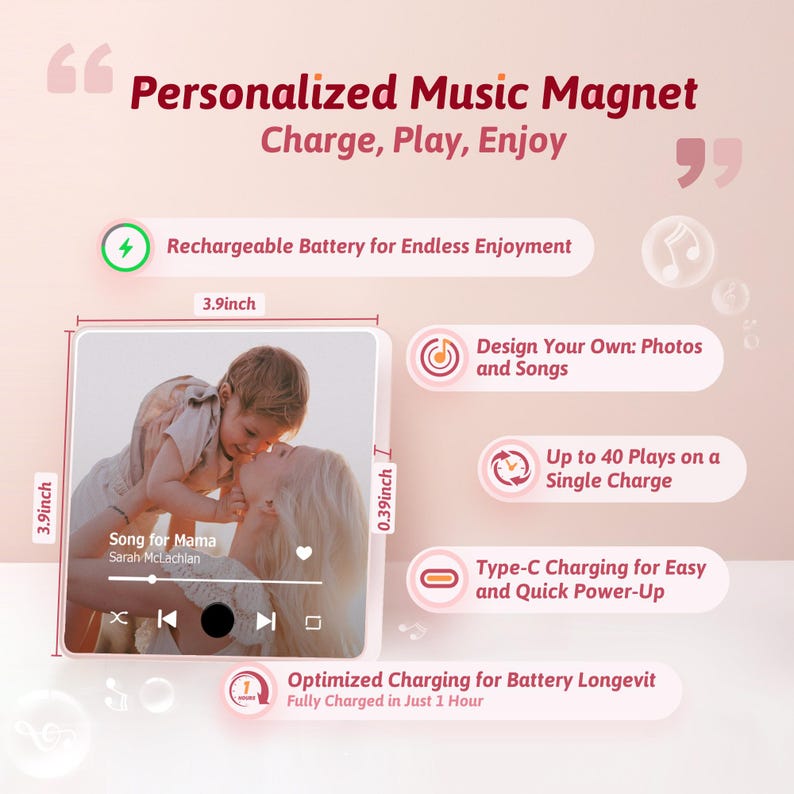 Custom Mom Gifts Fridge Magnet Play Song - Personalized Music Gifts For Mother With Photo And Text