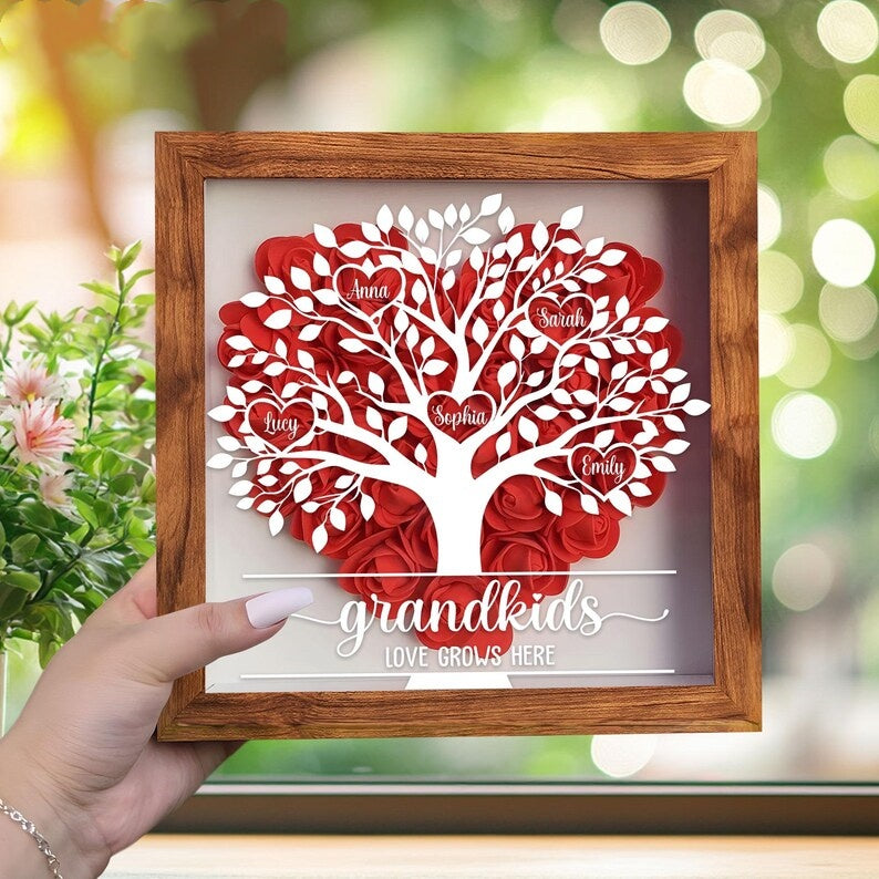 Custom Grandma Tree Of Life - Name Of Kids Flower Shadow Box