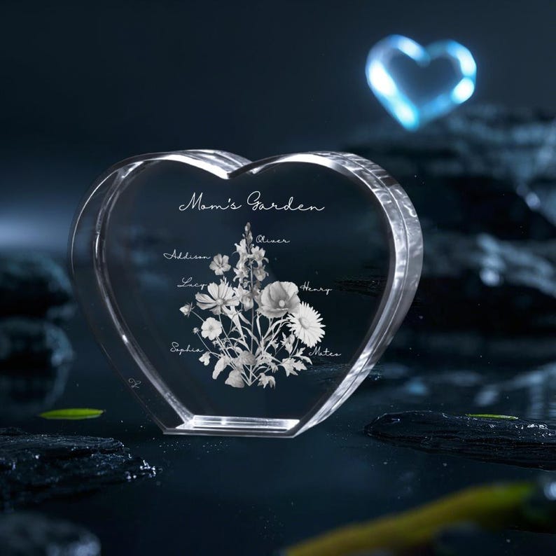 Custom Engraved Birth Month Flower Bouquet In 3d Heart Crystal Unique Gift For Mom