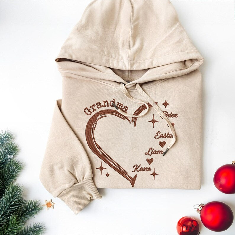 Custom Grandma Heart Grandkid Name Embroidered Sweater