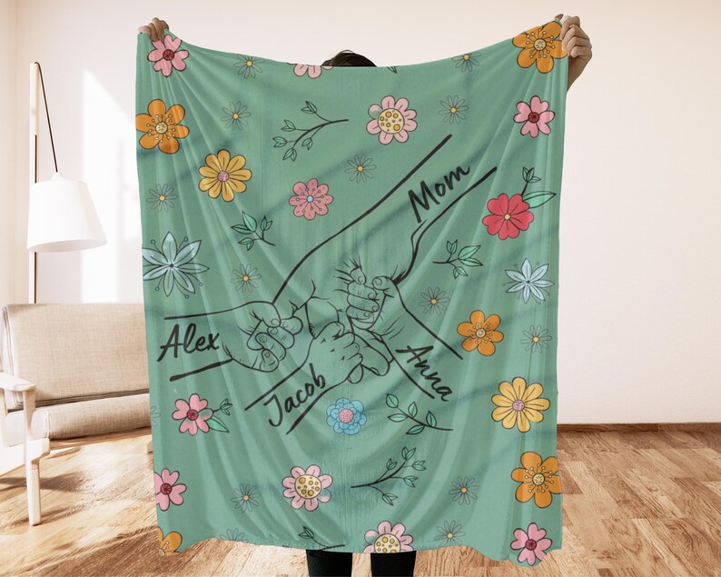 Personalized Mom Hands Holding Blanket With Kids Names