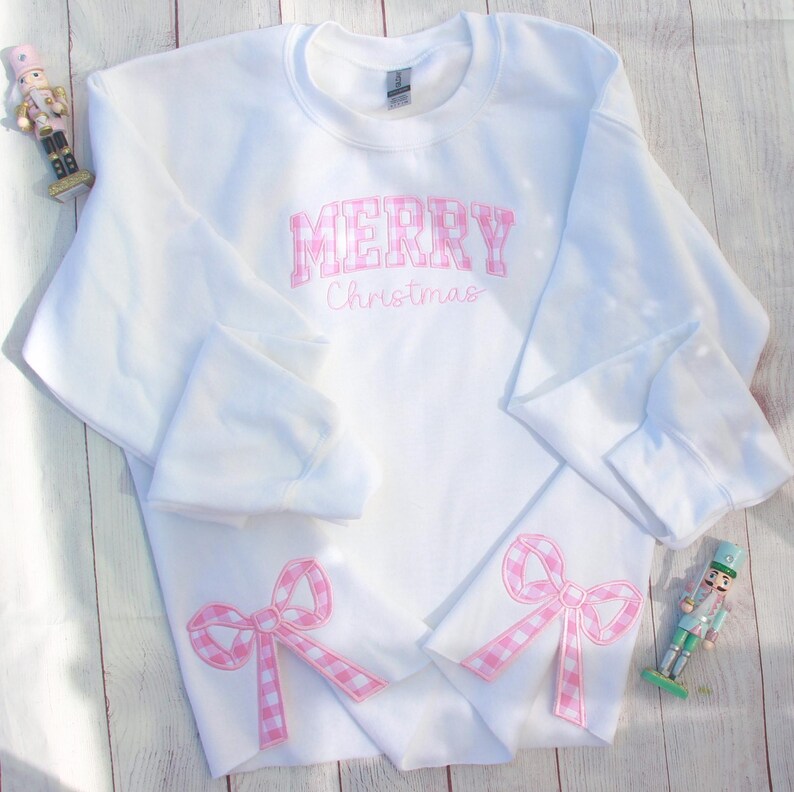 Embroidery Pink Merry Christmas Side Bow Sweatshirt