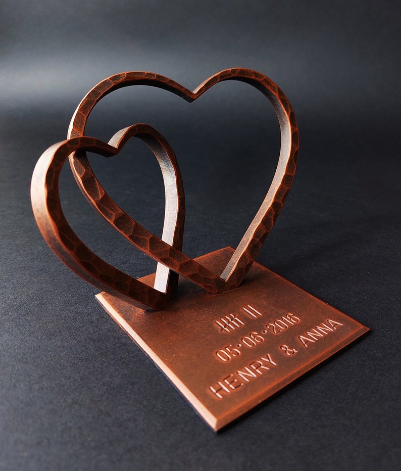 Personalized Two Steel Hearts For Anniversary Gift, Gift for Wife