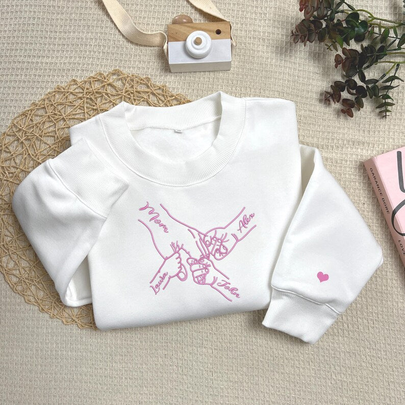 Custom Embroidered Sweatshirt With Mom's Hand And Child's Name For Mother's Day Gift