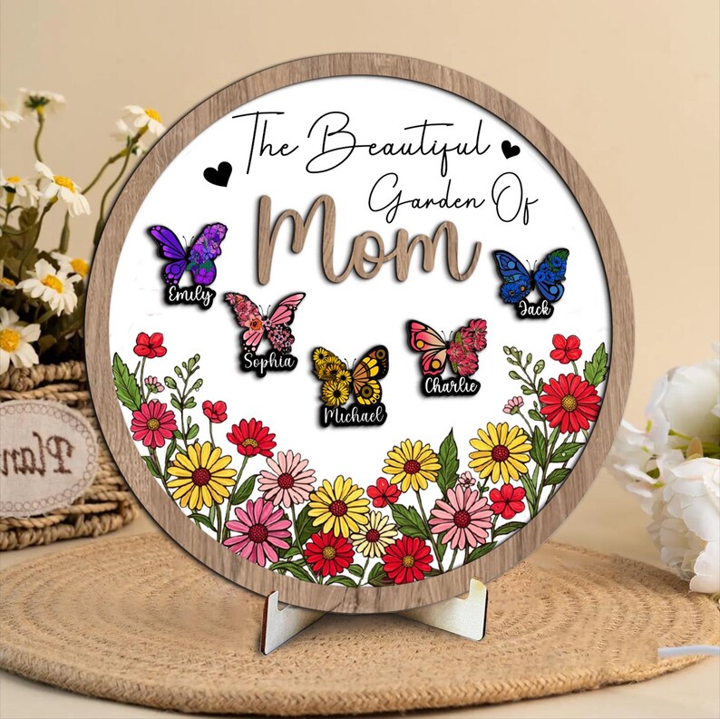 Custom Grandma Gift Personalized Flower Butterfly Birth Month Garden Wooden Sign