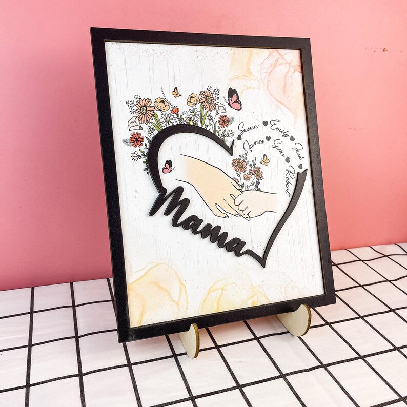 Customized Mother And Child Holding Hands Heart Shaped Wooden Sign