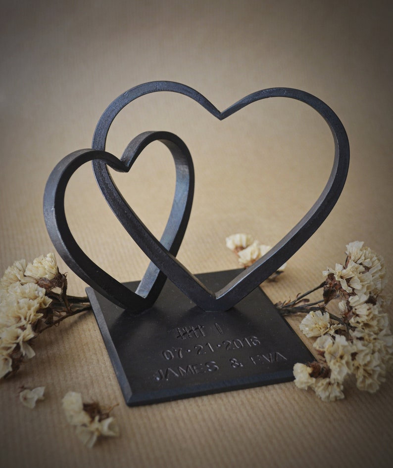 Personalized Two Steel Hearts For Anniversary Gift, Gift for Wife