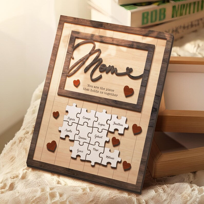 Custom You Are The Piece That Holds Us Together Wooden Family Name Puzzle Plaque For Mother's Day Gift