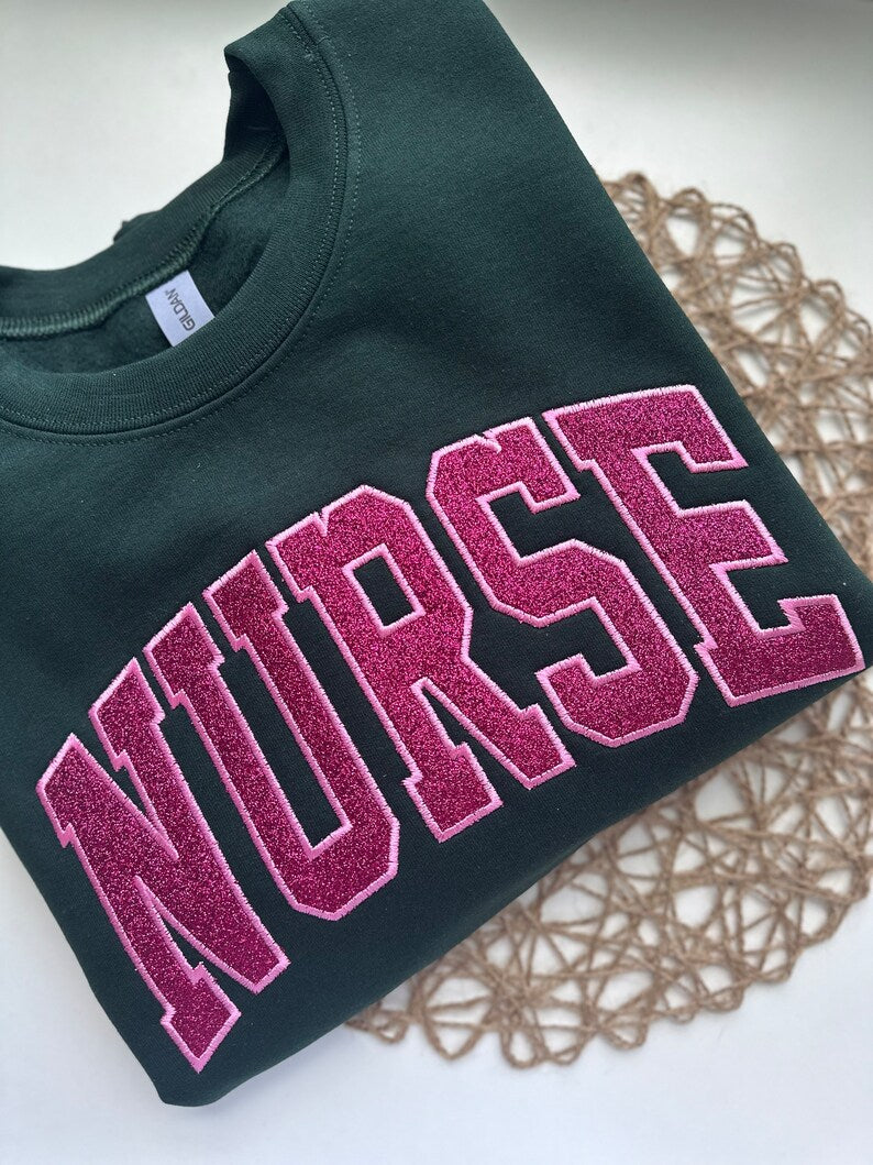 Glitter Nurse Sweatshirt - Custom Embroidered Nursing Crewneck with Glitter Detail