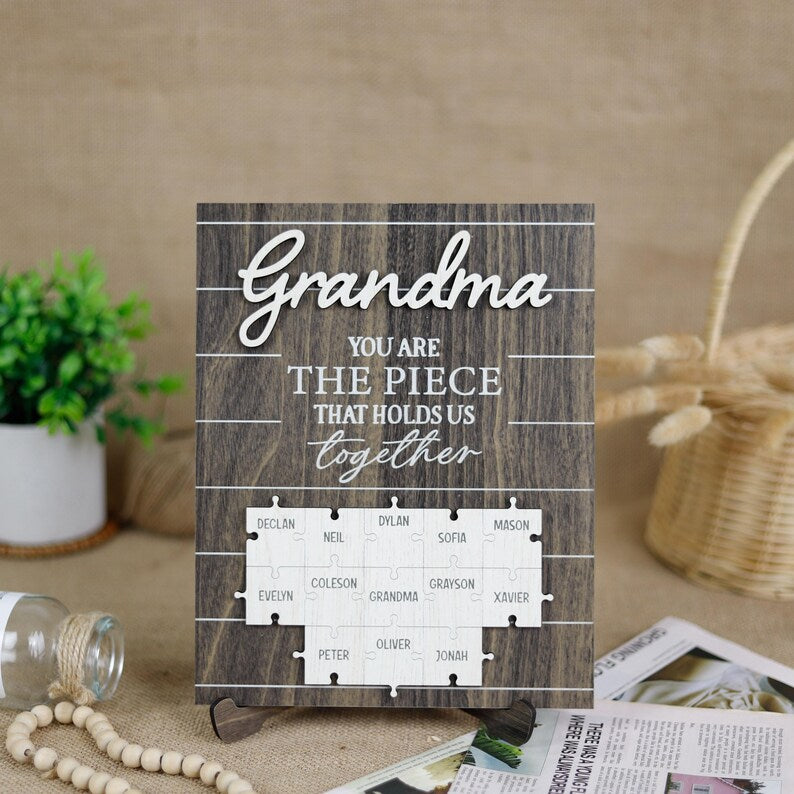 Custom Grandma The Piece That Holds Us Together Puzzle Pieces Plaque, Grandma Mothers Day Gift From Kids