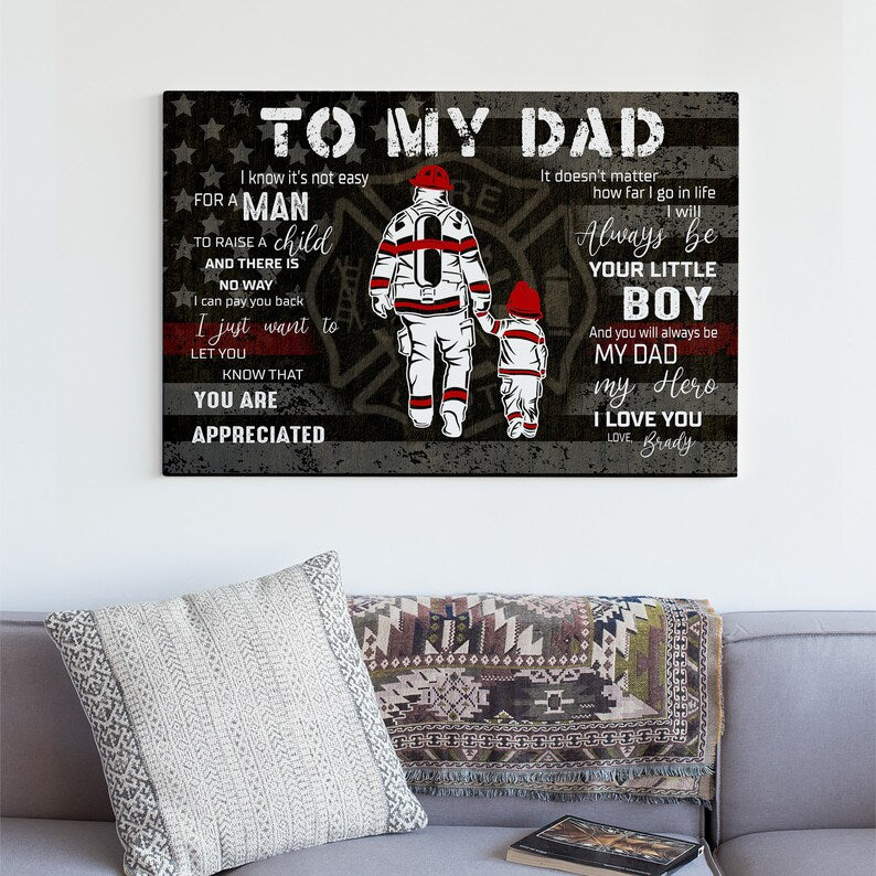 Personalized Canvas Gift Firefighter Dad, Custom To My Dad Canvas, Gift For Dad