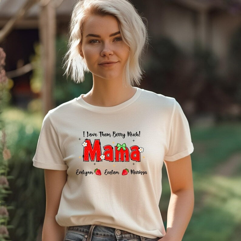 Custom Strawberry Mom T-Shirt with Child's Name Printed - Sweet Mother's Day Gift for Her