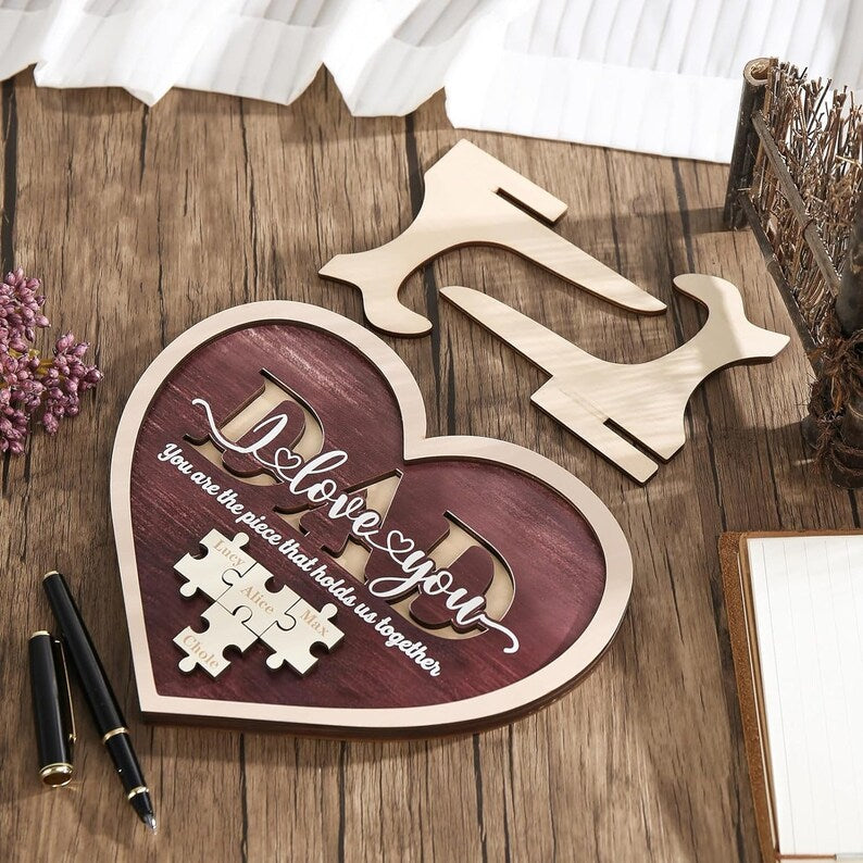 Personalized Dad Puzzle Heart Frame Wood Sign With Kids Name For Father's Day Gift