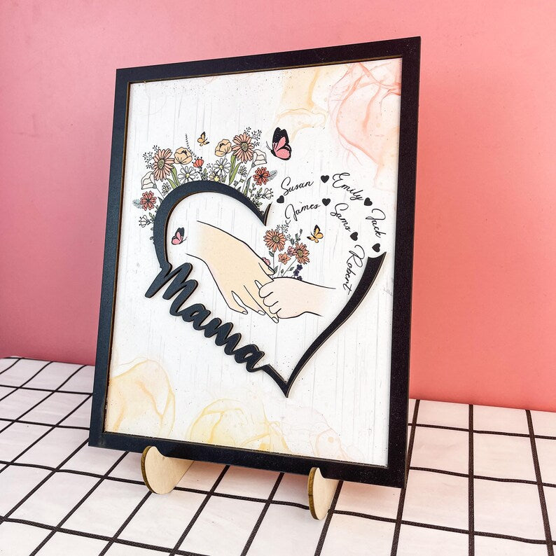 Customized Mother And Child Holding Hands Heart Shaped Wooden Sign