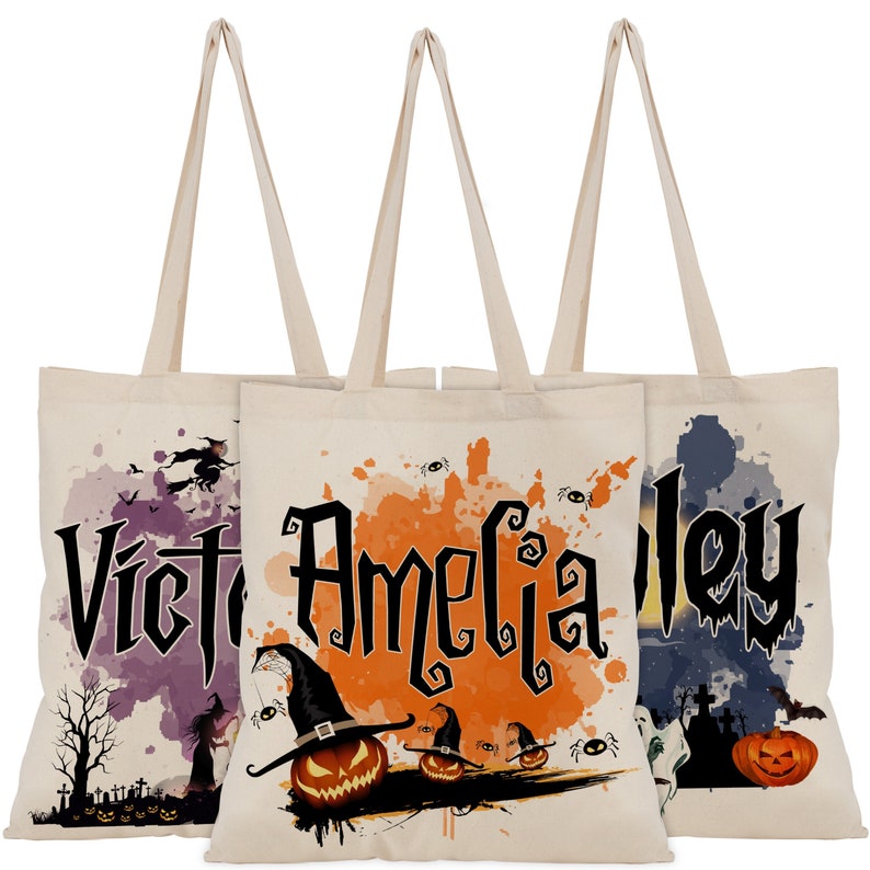 Customized Pumpkin Witch Black Cat Castle Skeleton Ghost Canvas Tote Bag