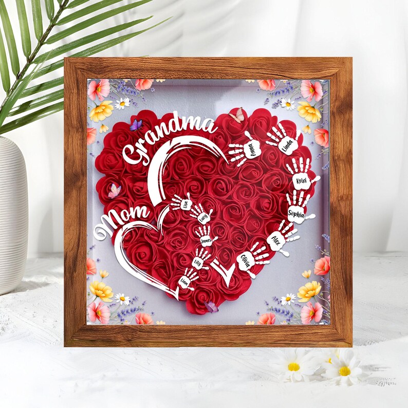 Customized Led Night Light Flower Shadow Box For Mom And Grandma, With Children's Names