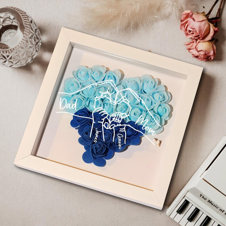 Personalised Mom And Child Hands Flower Heart Shaped Shadow Box For Family