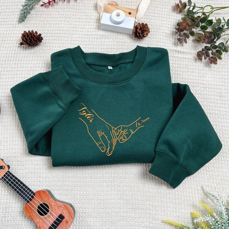 Custom Embroidered Sweatshirt With Mom's Hand And Child's Name For Mother's Day Gift